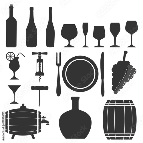 Set of wine restaurant, bottles glass dish barrel silhouette isolated vector element
