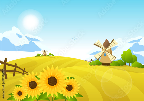 Vector illustration: Rural landscape.  fields and windmills