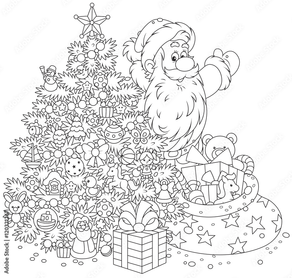 The night before Christmas, Santa Claus with his holiday gifts and a festively decorated fir The night before Christmas, Santa Claus with his holiday gifts and a festively decorated fir