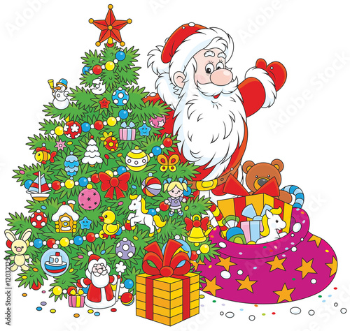 The night before Christmas, Santa Claus with his holiday gifts and a festively decorated fir