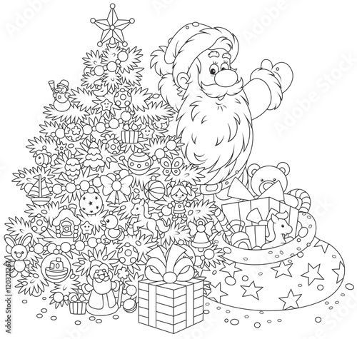 The night before Christmas, Santa Claus with his holiday gifts and a festively decorated fir