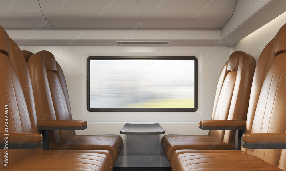 Fototapeta premium Four brown armchairs in train compartment
