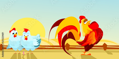 poultry yard. farm. two hens and a rooster. Vector illustration