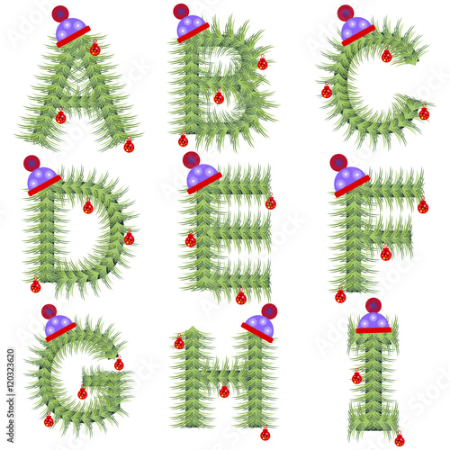 Vector set of holiday font. Winter alphabet letter. Green stylized fir-tree figure with Christmas decorations, cap. Series of Letters, Numbers and Symbols. New Year collection.