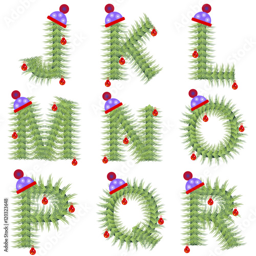 Vector set of holiday font. Winter alphabet letter. Green stylized fir-tree figure with Christmas decorations, cap. Series of Letters, Numbers and Symbols. New Year collection.