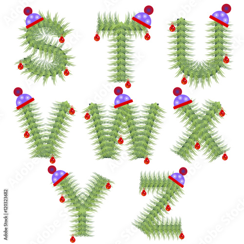 Vector set of holiday font. Winter alphabet letter. Green stylized fir-tree figure with Christmas decorations, cap. Series of Letters, Numbers and Symbols. New Year collection.