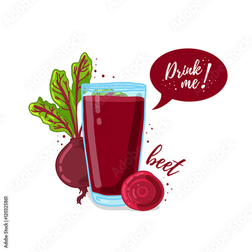 Design Template banner, poster, icons beet smoothies. Illustration of beet juice Drink me. Freshly squeezed vegetable beet juice for healthy life. A glass of juice in doodle cute style. Vector.