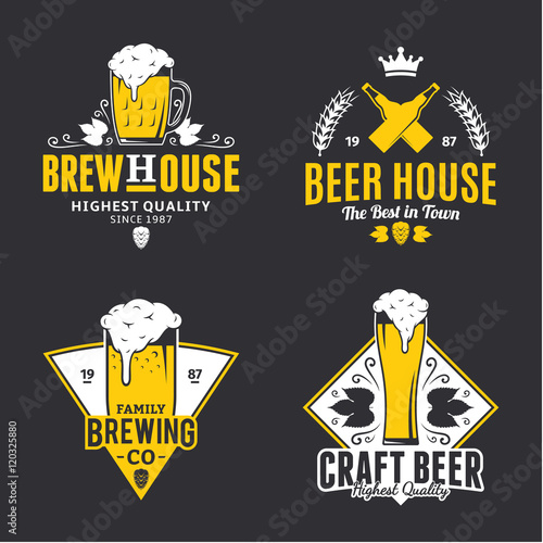 Vector white and yellow vintage beer logo and icons