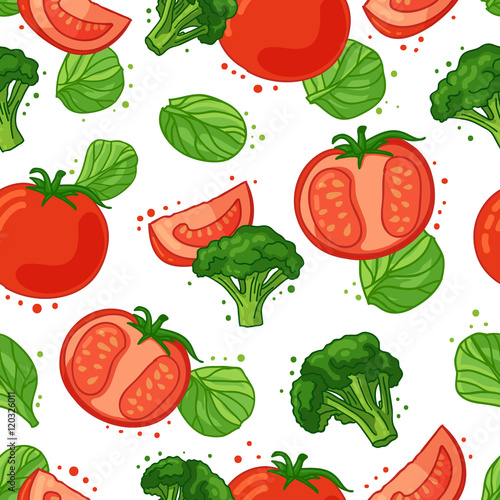 Seamless pattern with vegetable decoration. Wallpaper with a pattern of tomat...