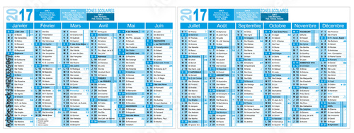 Calendrier 2017 éditable (comprend texte modifiable), base A4 recto/verso, saints, lunes, n° semaines, changement heure, saisons, vacances/zones scolaires, zodiaque, fêtes, fériés, typo arial