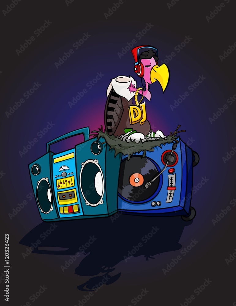Naklejka premium Hand Drawn DJ Vulture disco cartoon style with Boom-box and Turntable - vector