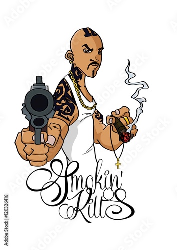 Concept Hand drawn illustration Smoking Kills Tattoo Chicano with Gun - vector