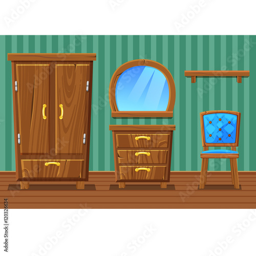 Set cartoon funny wooden furniture , Living room in vector