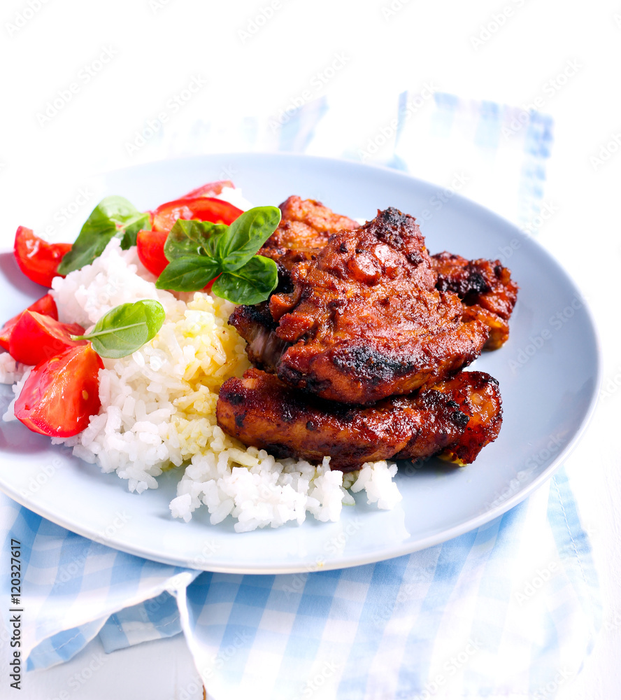 Honey and mustard pork ribs and rice Honey and mustard pork ribs and rice