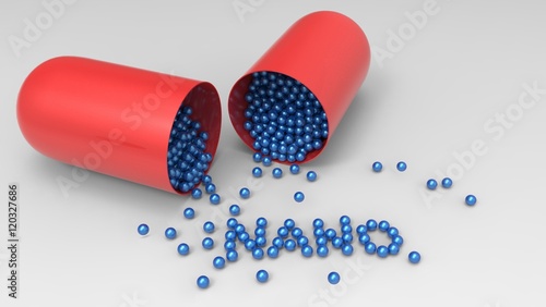 Foto 3D illustration of Nano Medicine concept with nano written from the beads within