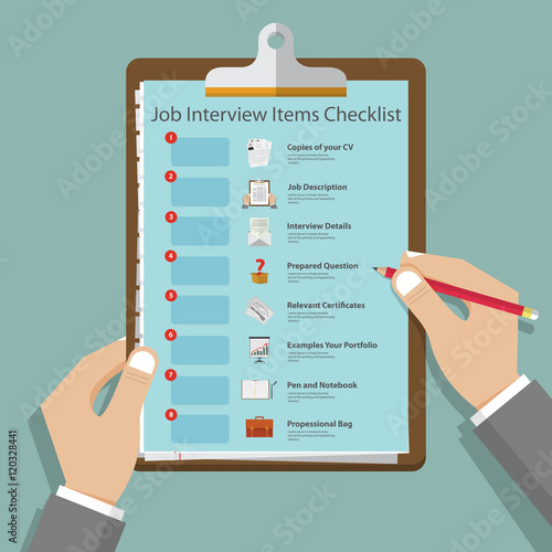  Essential job interview icons in flat design on clipboard. Job interview preparation infographic. Vector Illustration.
