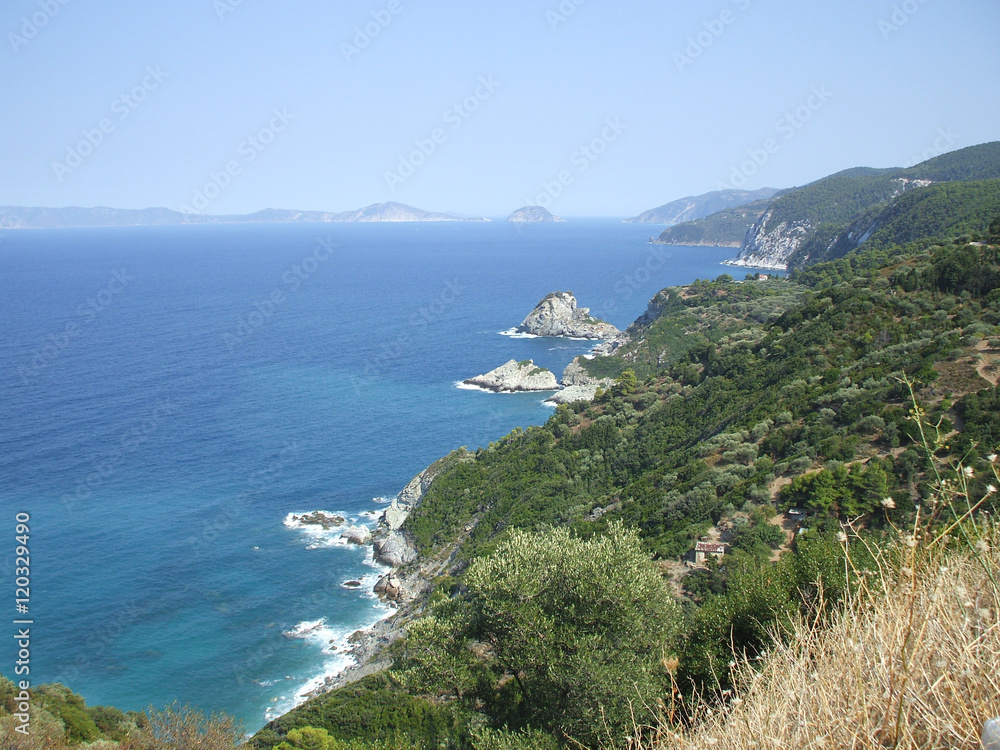 Scenic landscape overlooking the Mediterranean Sea at at Skopelos island in Greece