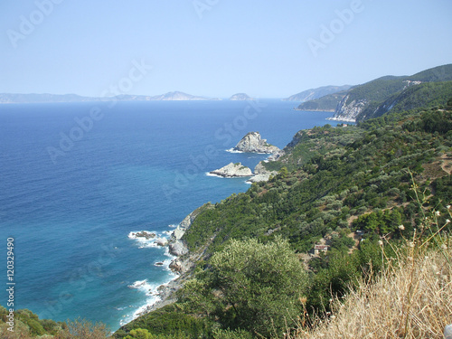 Scenic landscape overlooking the Mediterranean Sea at at Skopelos island in Greece