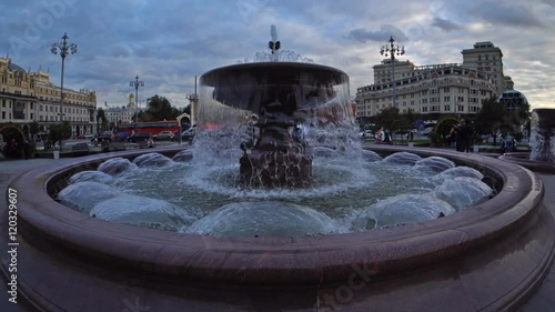 The fountain in front of Bolshoi Theatre (the Grand Theatre) in the evening. Fisheye. UHD - 4K. September 09, 2016. Moscow. Russia