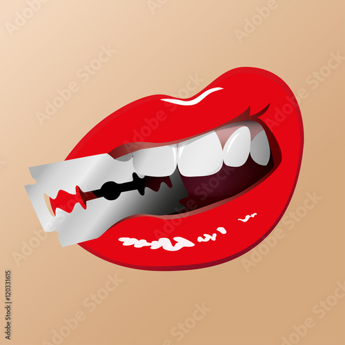 Red lips. Between the upper and lower lip holds steel blade