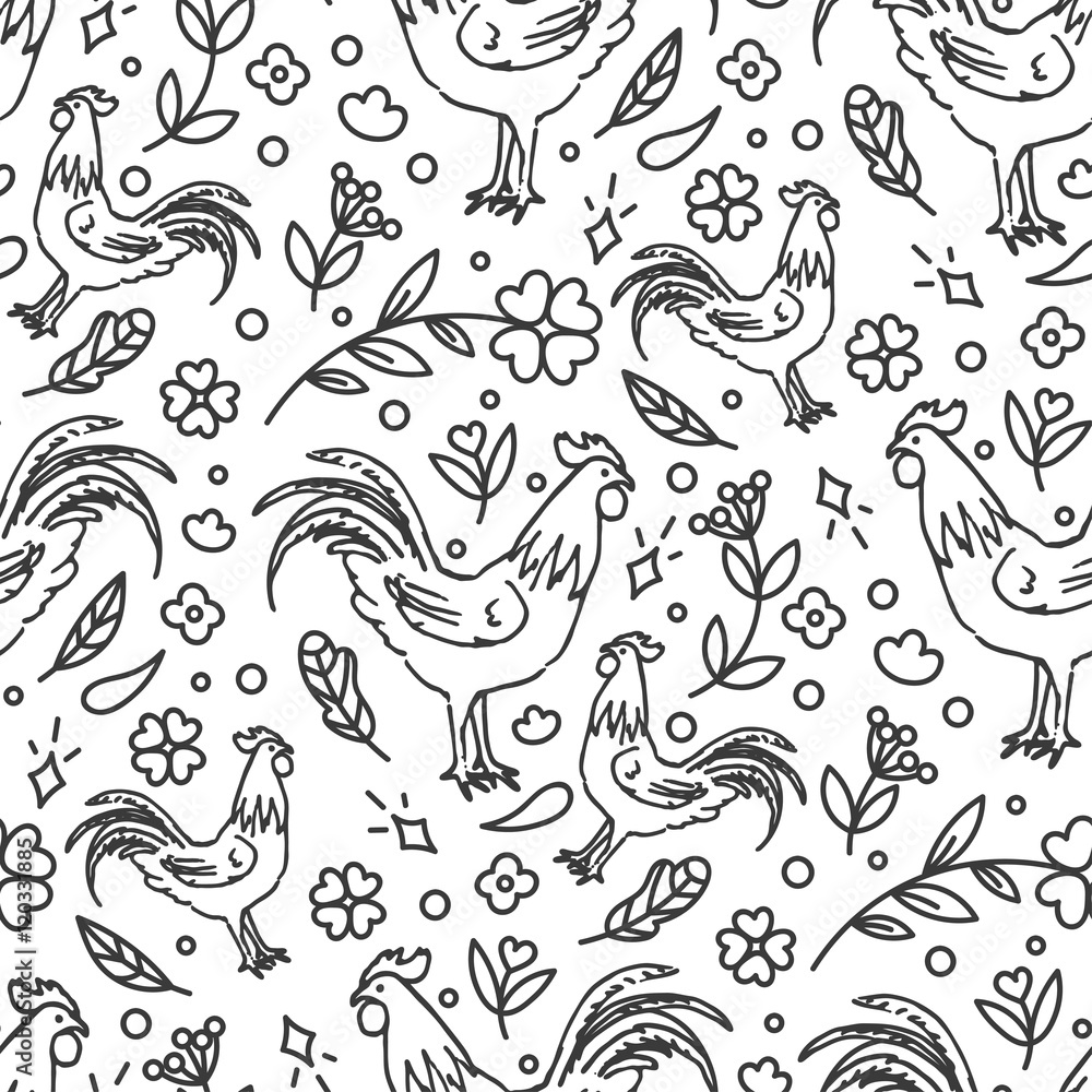 Hand Drawn Rooster Seamless Pattern.