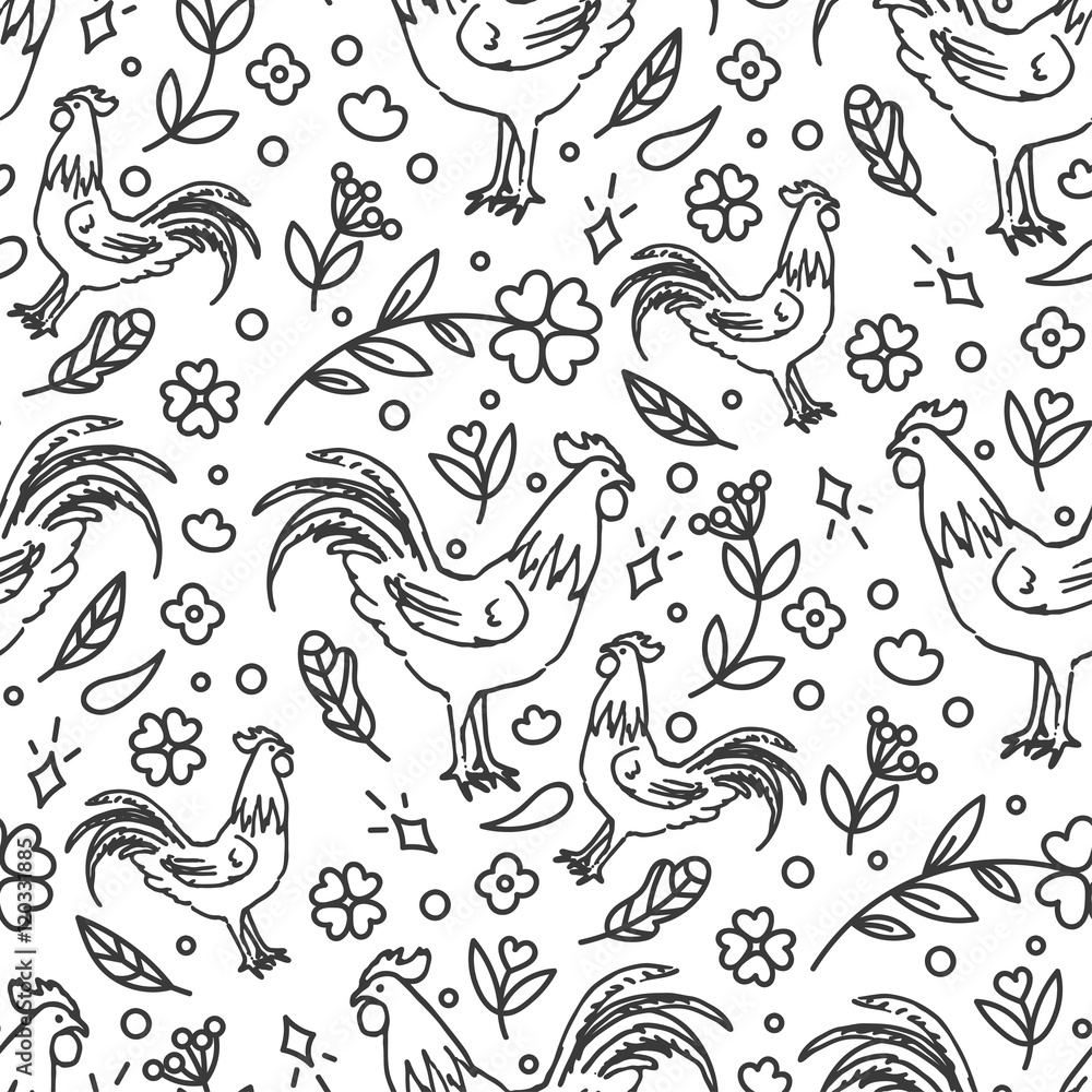 Hand Drawn Rooster Seamless Pattern. Hand Drawn Rooster Seamless Pattern.