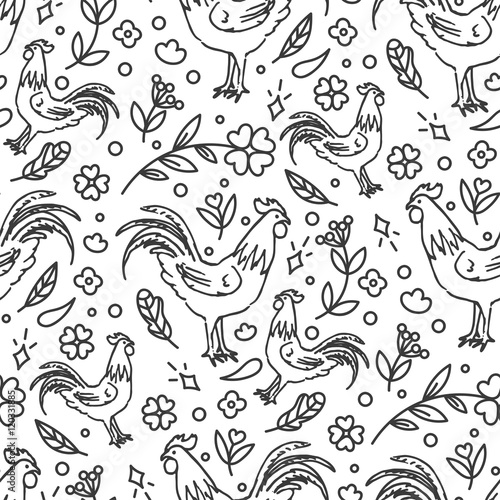 Hand Drawn Rooster Seamless Pattern.