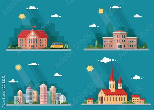 Set of icons of urban life. School, church, university, city. Fl