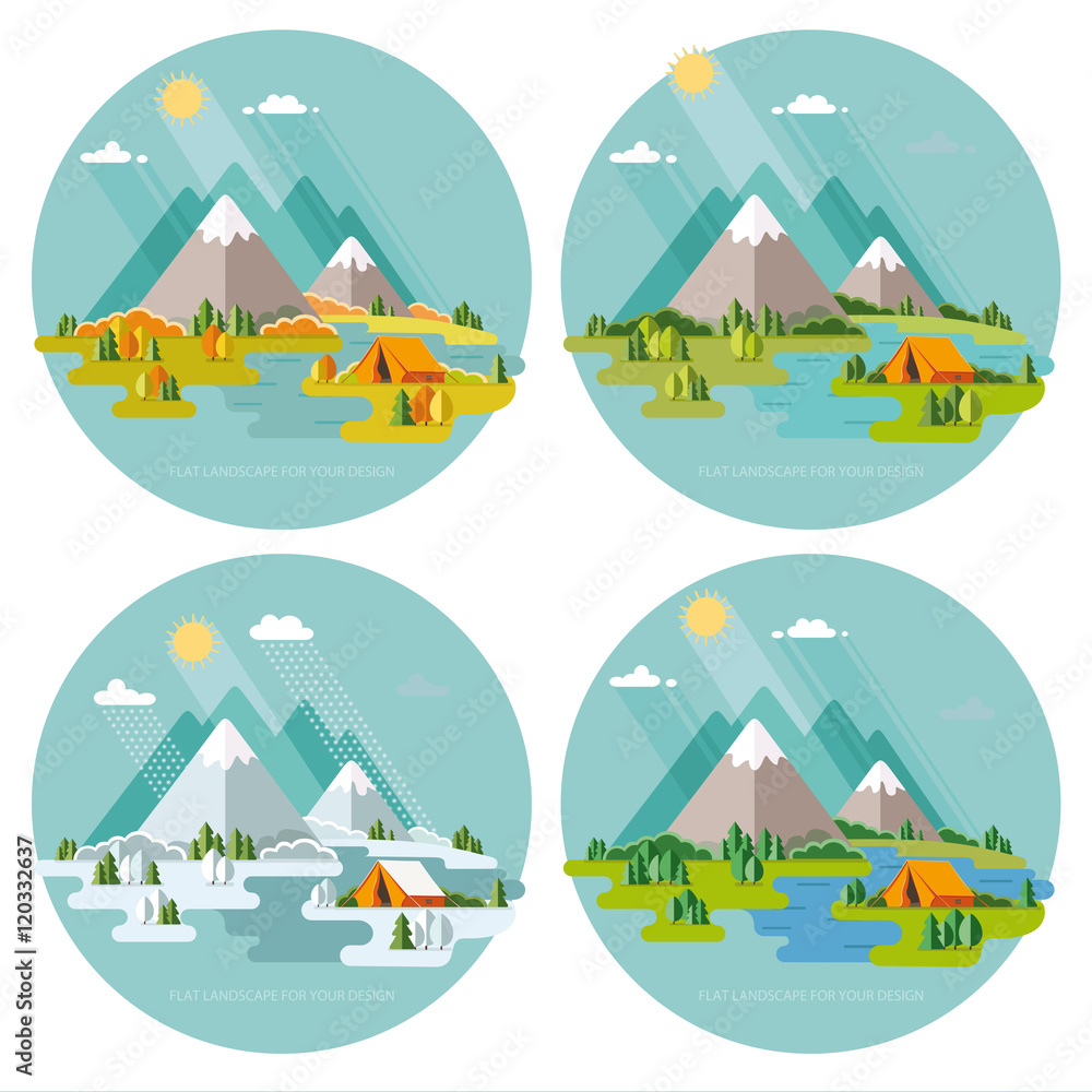 Naklejka premium Seasons landscape set. Solitude in nature by the river. Weekend