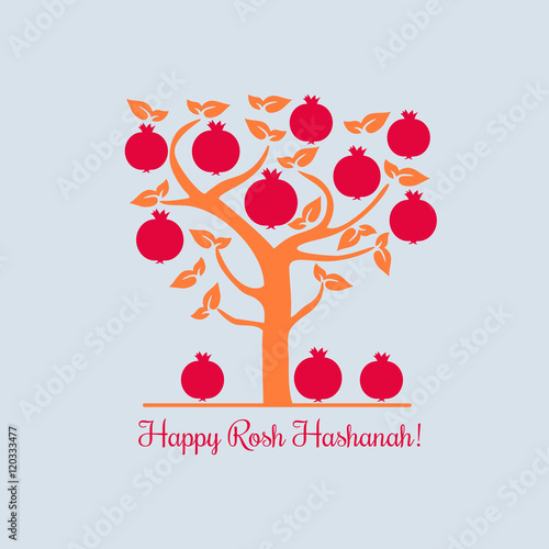 Rosh Hashanah Jewish New Year concept. Traditional holiday symbols. Cute bright pomegranate. Template for greeting card. Design idea with element of happy party background. Vector illustration