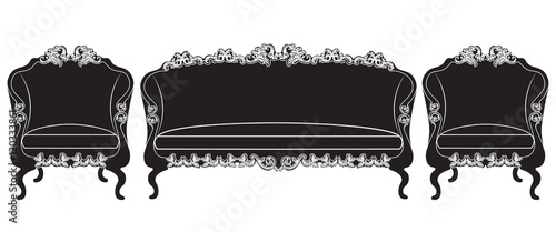 Vintage upholstered furniture set Vector. Rich carved ornaments furniture collection. Vector Victorian Style couch. Black color sketch