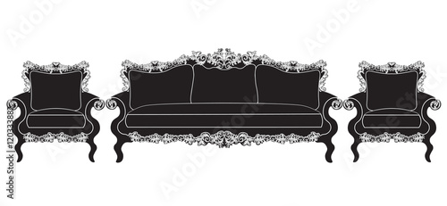 Vintage upholstered furniture set Vector. Rich carved ornaments furniture collection. Vector Victorian Style couch. Black color sketch