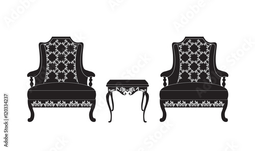 Vintage furniture set Vector. Rich carved ornaments furniture collection. Vector Victorian Style archairs and table. Black color sketch