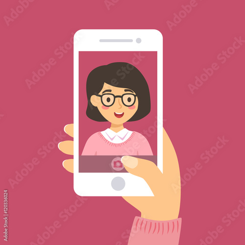 Vector illustration of a glasses woman take a selfie picture of her self with smart phone in pink background.