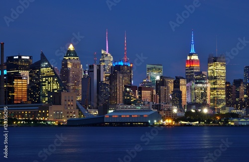 The Manhattan  New York skyline seen at night from Edgewater  New Jersey