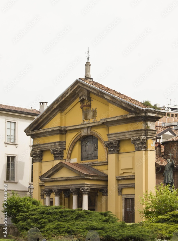 Outdoor view of Santa Maria Podone church in Milan, with its garden Outdoor view of Santa Maria Podone church in Milan, with its garden