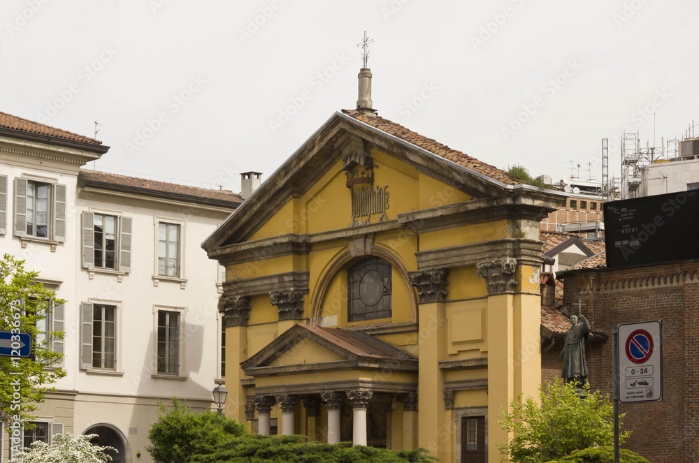 Outdoor view of Santa Maria Podone church in Milan, with its garden Outdoor view of Santa Maria Podone church in Milan, with its garden