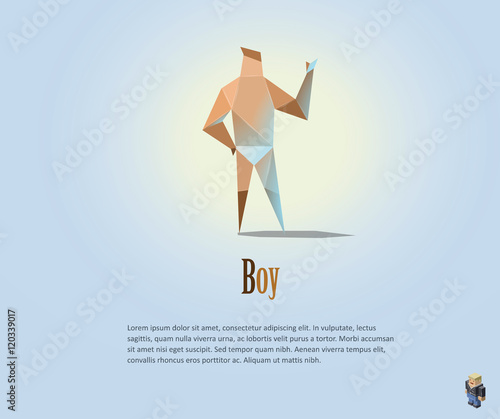 Vector polygonal illustration of naked man, modern low poly object, origami style boy character,   