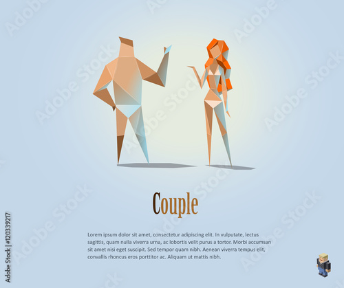Vector polygonal illustration of couple, naked people, modern low poly object, man and woman, girl, boy, origami style human characters