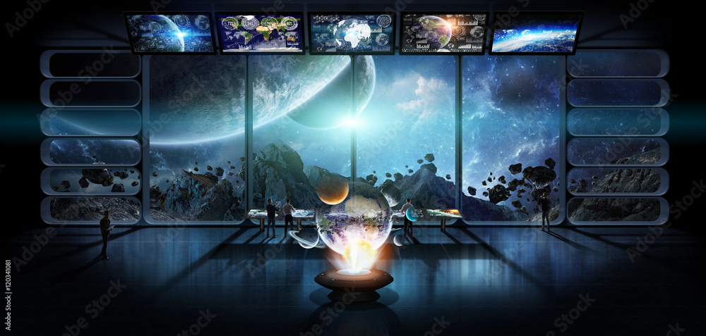 Fototapeta premium Group of scientists observing the solar system 3D rendering elem