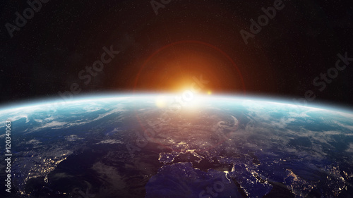 Fototapeta Naklejka Na Ścianę i Meble -  Sunrise over planet Earth in space 3D rendering elements of this