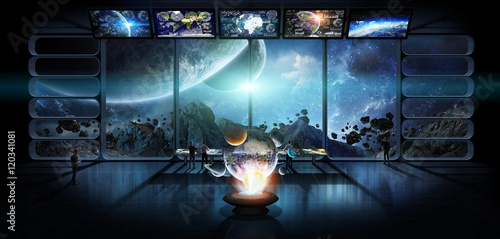 Fototapeta Naklejka Na Ścianę i Meble -  Group of scientists observing the solar system 3D rendering elem