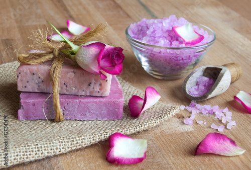 Rose soaps  sea salt on wood