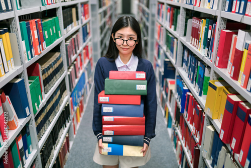 Junge Studentin mit einem Stapel Bücher photo