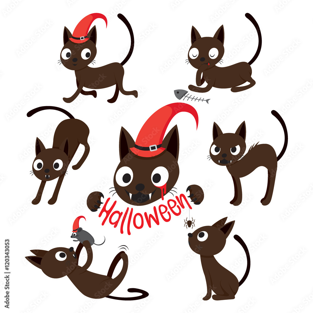 Fototapeta premium Zestaw kreskówek kota z różnymi akcjami, Halloween, Cukierek albo psikus, zwierzę, tajemnica, wakacje, październik, akcje, sezon