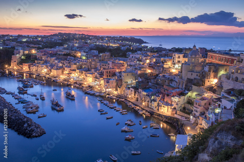 Corricella village on Procida island at night,  Italy