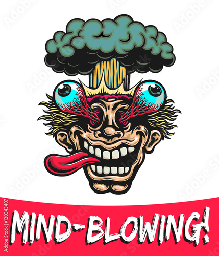 Mind-Blowing! Excited man head blowing up with eyes popping out and nuclear atomic explosion cartoon vector illustration