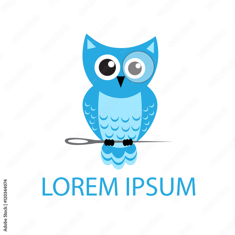 Obraz premium Cartoon owl sitting on a needle logo. Logo for sewing industry. Vector illustration