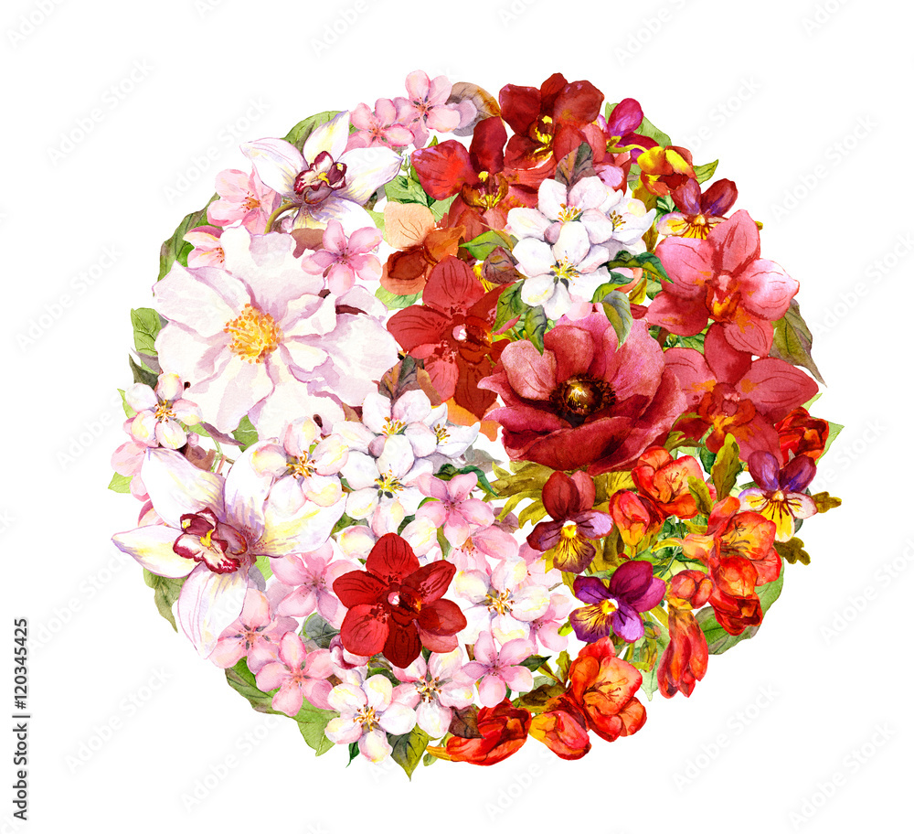 Yin yang sign with flowers. Floral form yinyang. Watercolor Yin yang sign with flowers. Floral form yinyang. Watercolor