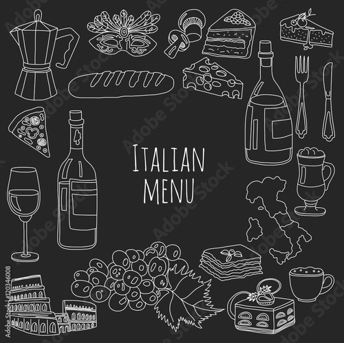 Vector doodle set for italian menu. Food Travel Cuisine Restaraunt Journey